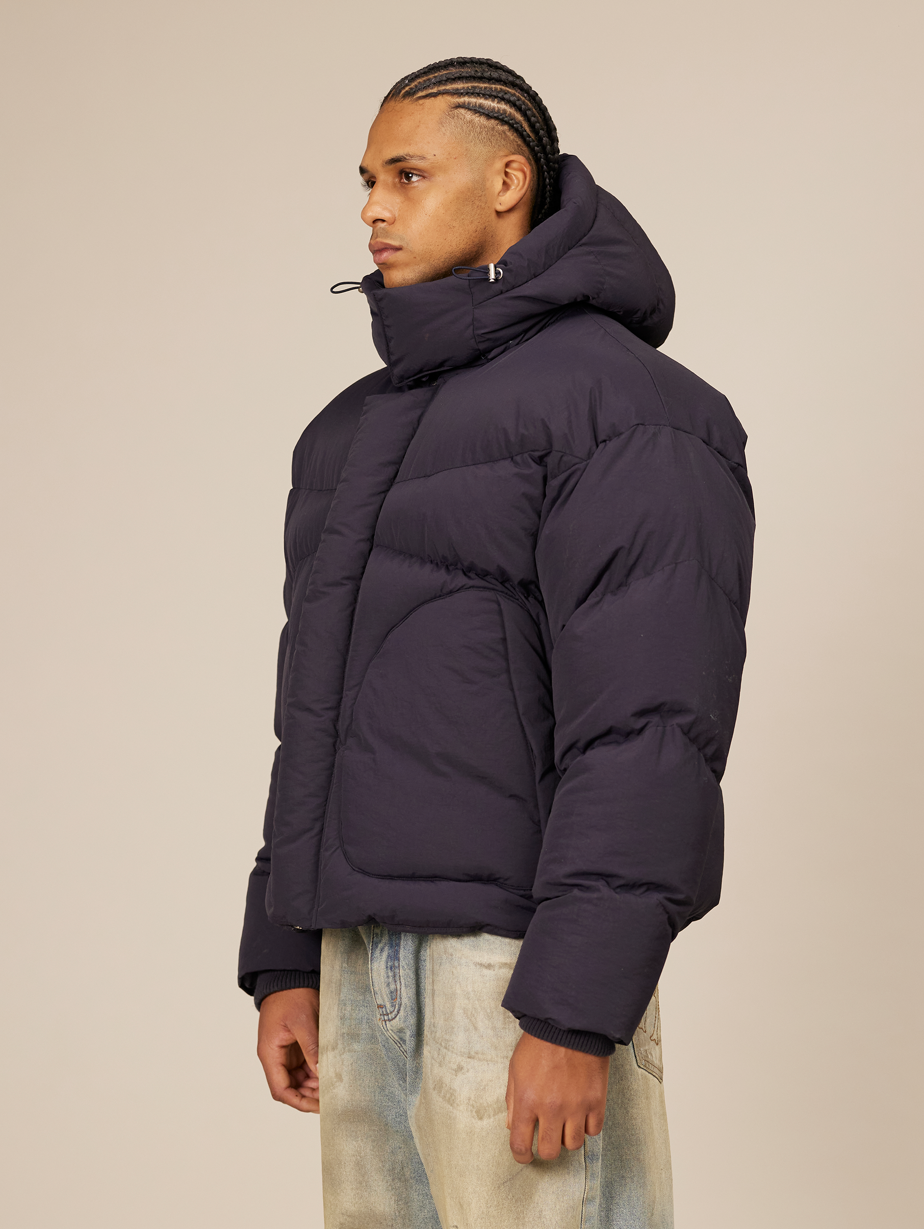 NAVY BLUE HOODED PUFFER JACKET WITH DROPPED SHOULDER DESIGN