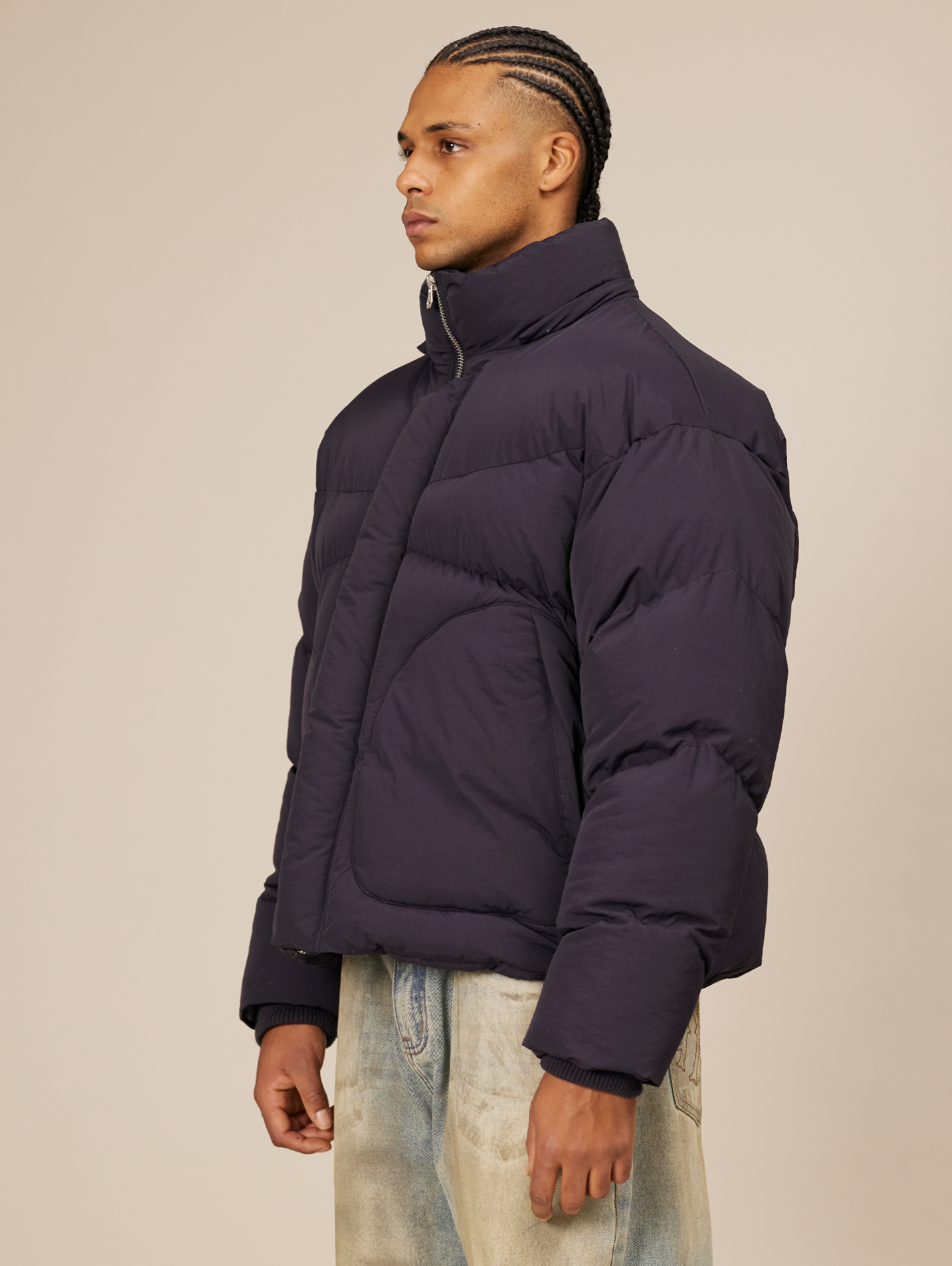 NAVY BLUE HOODED PUFFER JACKET WITH DROPPED SHOULDER DESIGN