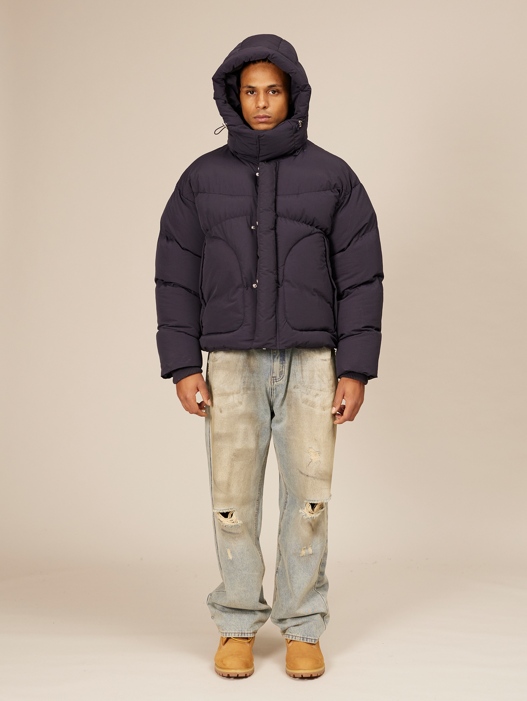 NAVY BLUE HOODED PUFFER JACKET WITH DROPPED SHOULDER DESIGN