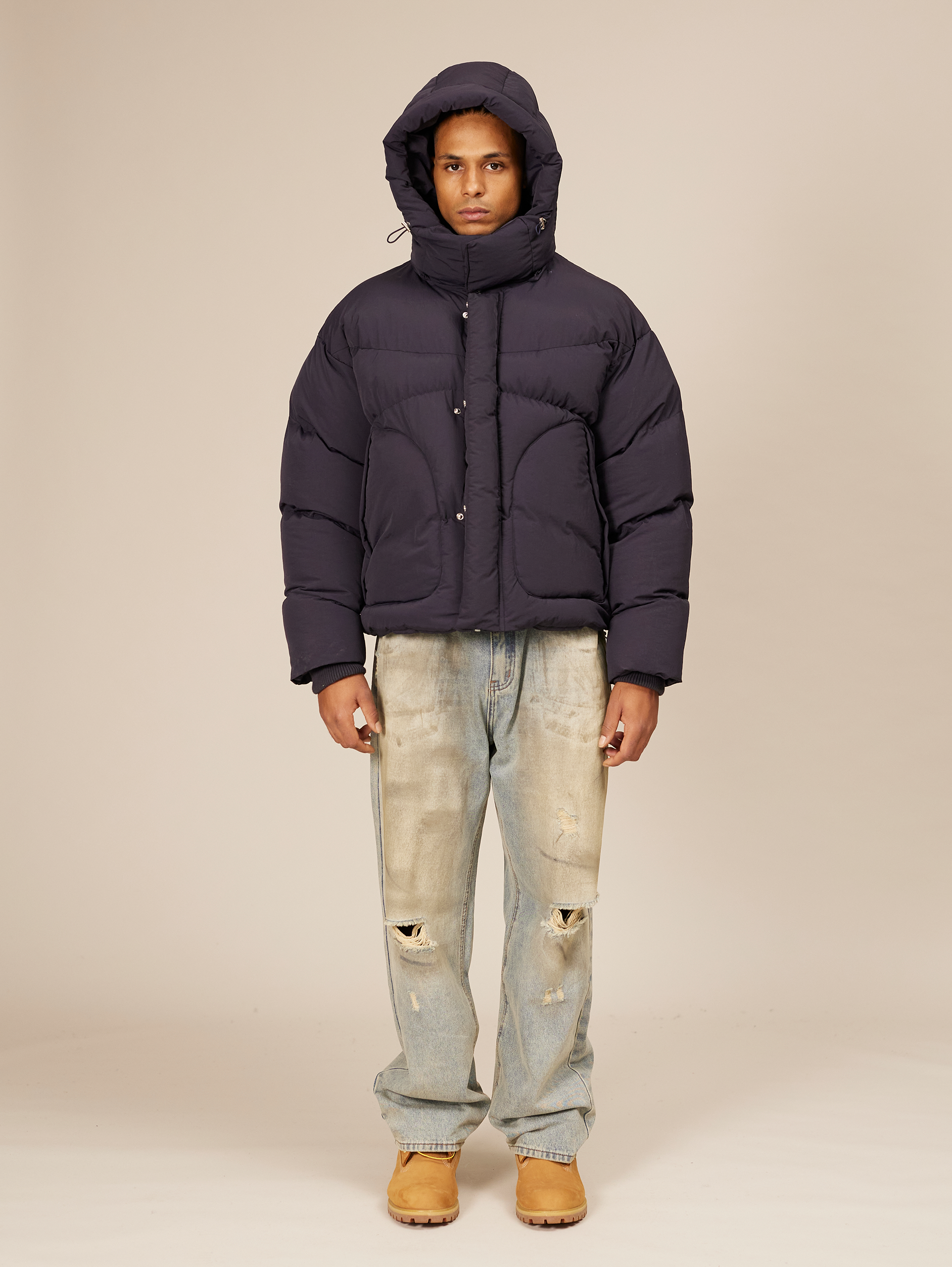 NAVY BLUE HOODED PUFFER JACKET WITH DROPPED SHOULDER DESIGN