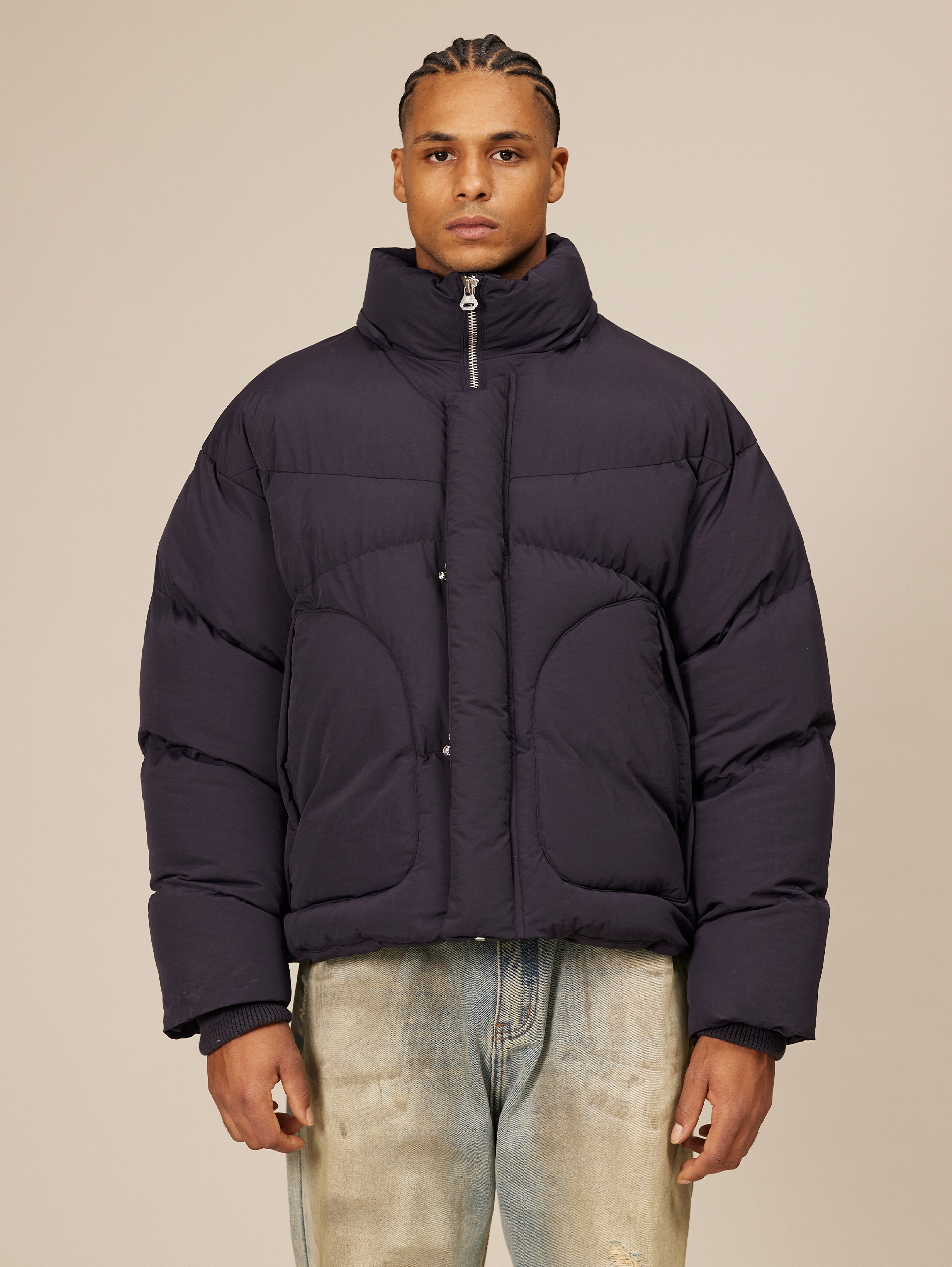 NAVY BLUE HOODED PUFFER JACKET WITH DROPPED SHOULDER DESIGN