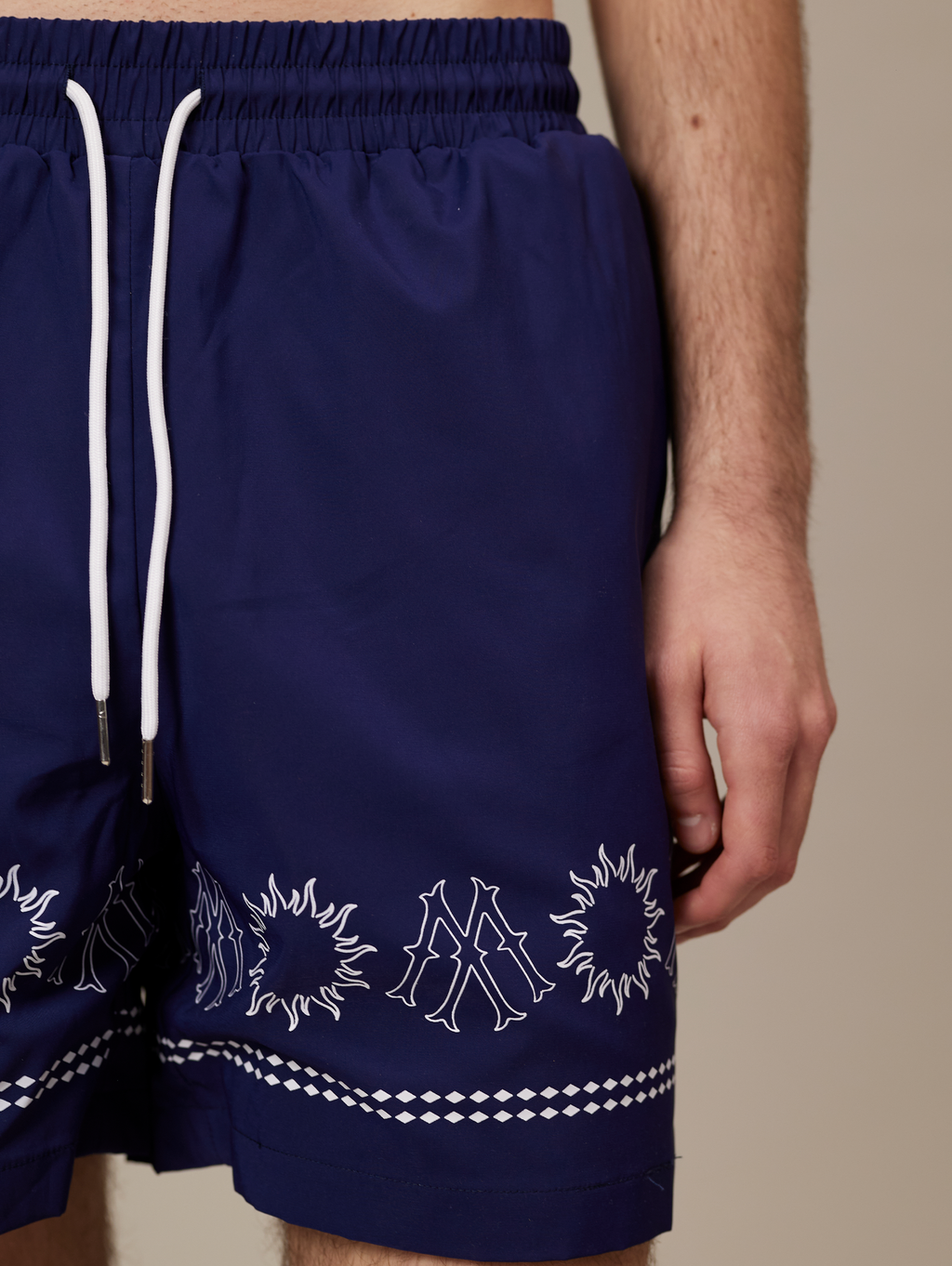 NAVY BLUE PATTERNED SWIM TRUNKS - DARK BLUE LUXURY STREETWEAR