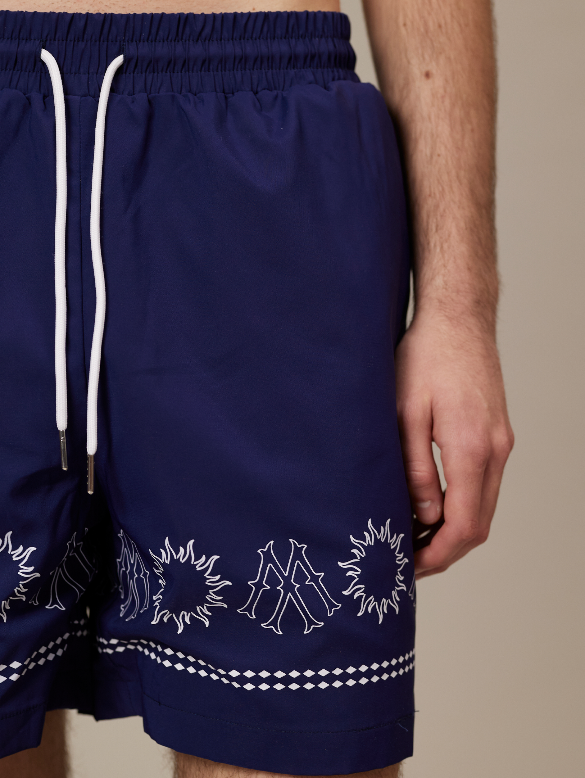 NAVY BLUE PATTERNED SWIM TRUNKS - DARK BLUE LUXURY STREETWEAR