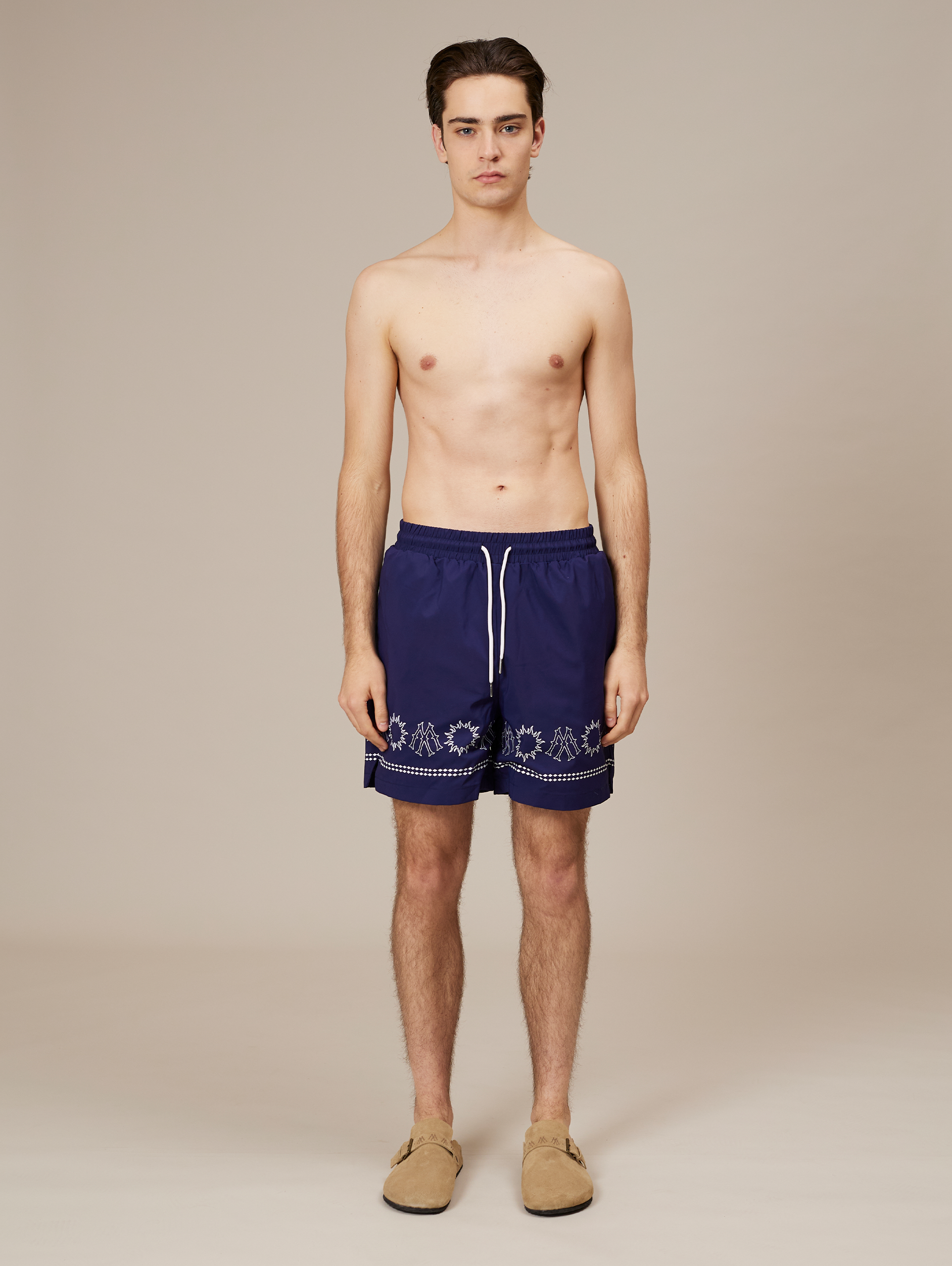 NAVY BLUE PATTERNED SWIM TRUNKS - DARK BLUE LUXURY STREETWEAR