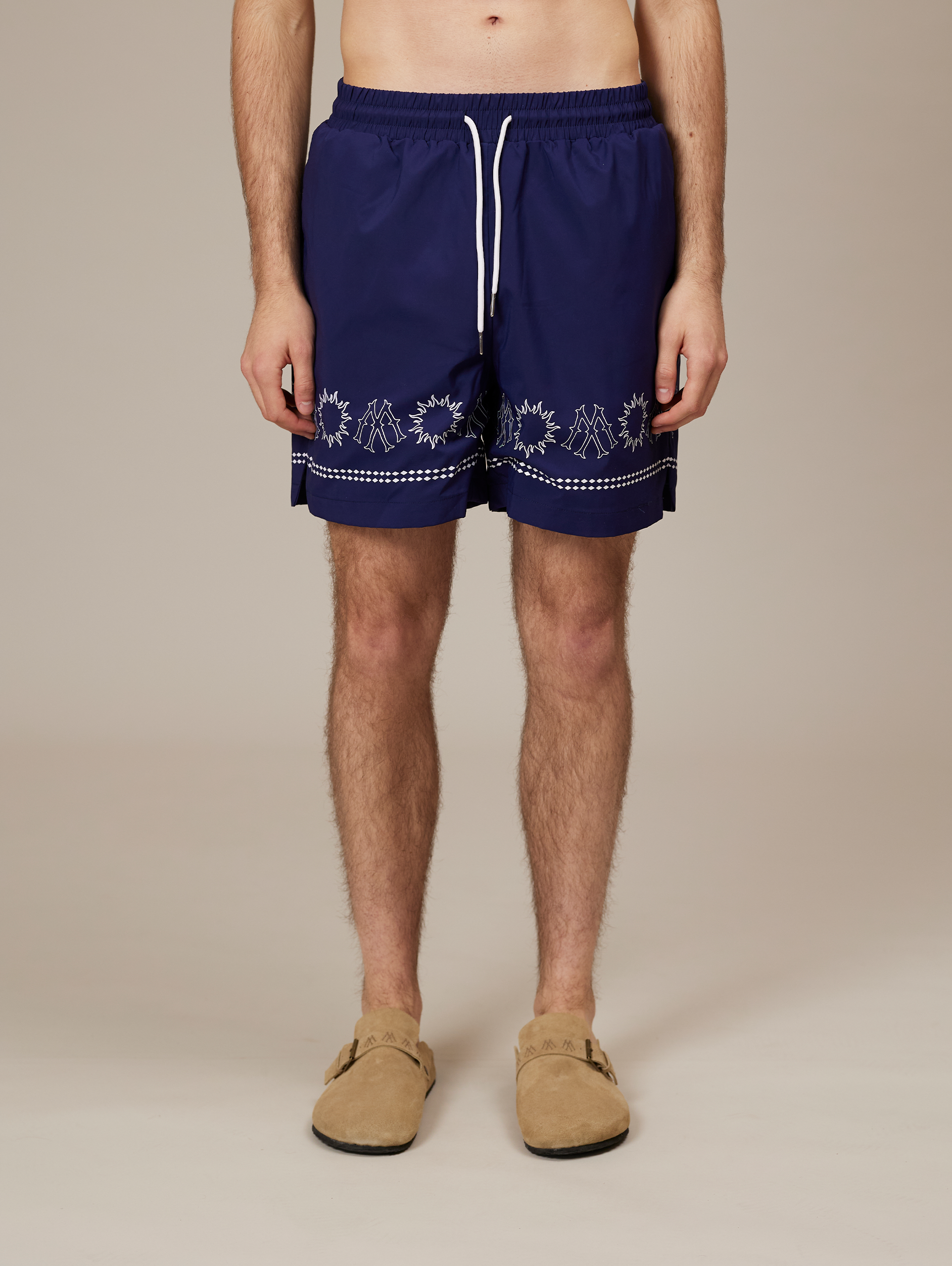 NAVY BLUE PATTERNED SWIM TRUNKS - DARK BLUE LUXURY STREETWEAR