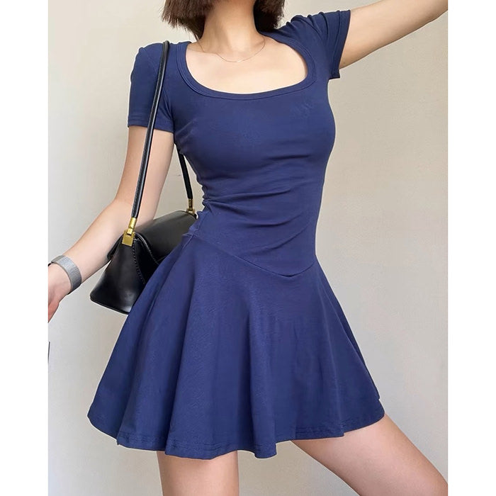 NAVY BLUE SQUARE NECK SCHOOL MINI DRESS DETAILED MEASUREMENTS
