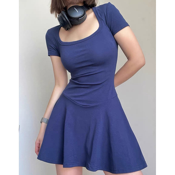 NAVY BLUE SQUARE NECK SCHOOL MINI DRESS DETAILED MEASUREMENTS