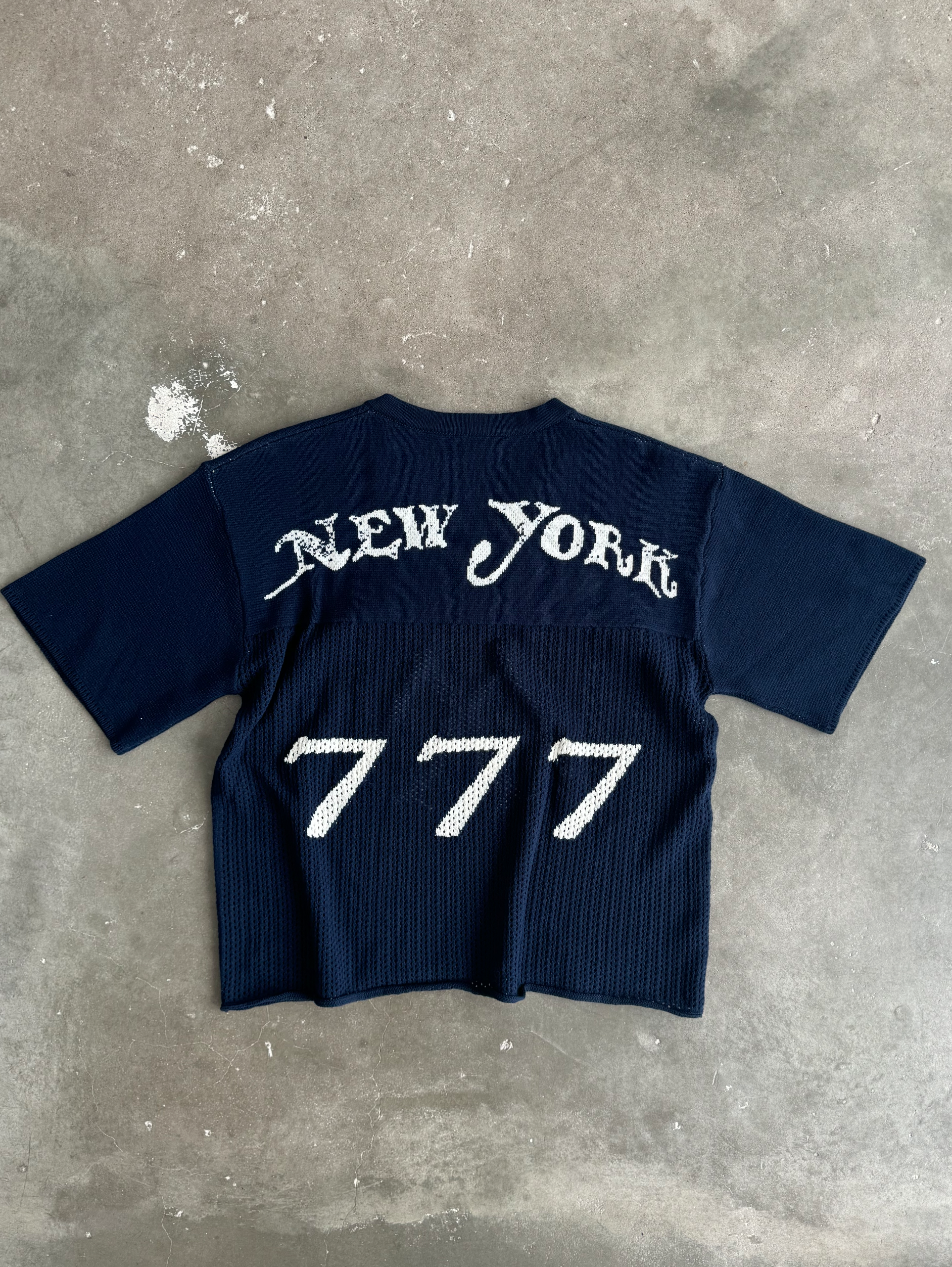 NAVY BLUE V-NECK KNIT SHIRT WITH WHITE LOGO OVERSIZED DROPPED SHOULDER