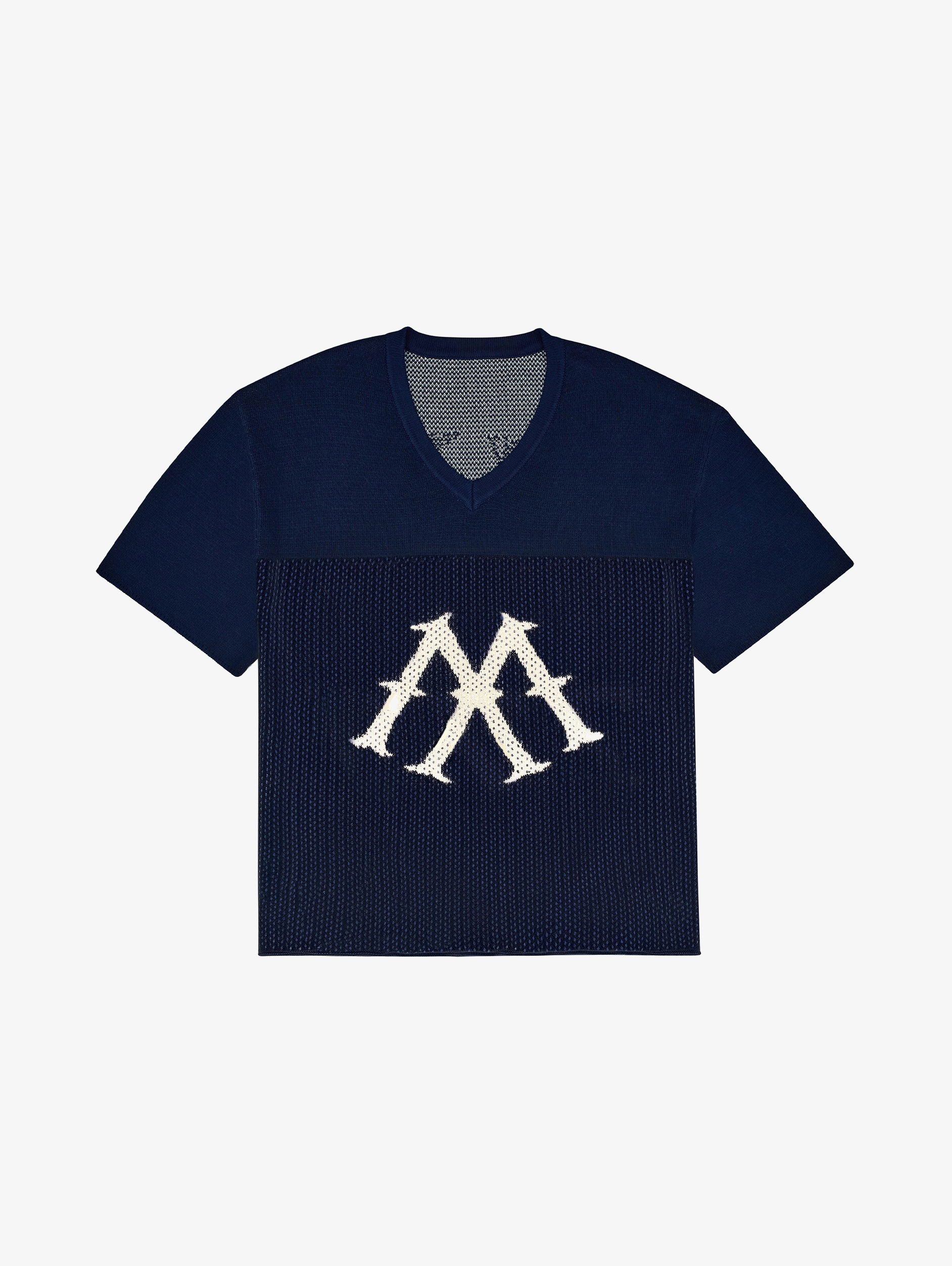 NAVY BLUE V-NECK KNIT SHIRT WITH WHITE LOGO OVERSIZED DROPPED SHOULDER