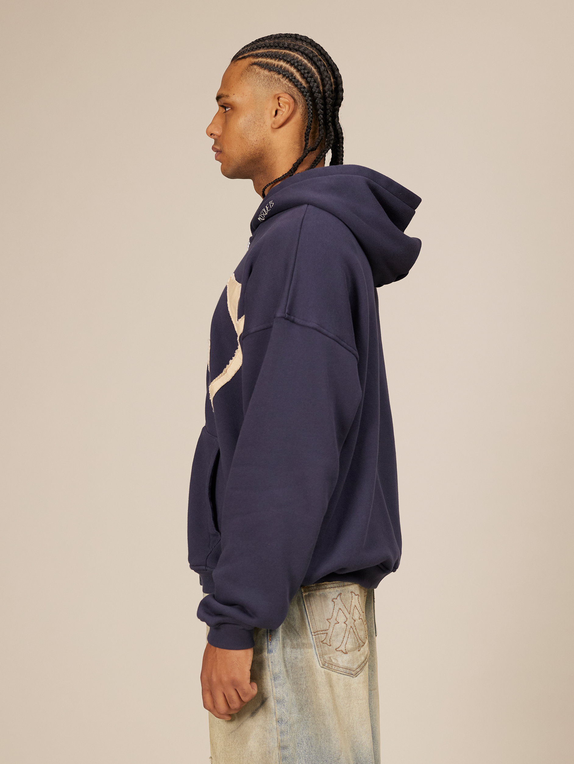 NAVY BLUE ZIP-UP HOODIE WITH NY LETTERING COTTON LOOPBACK SWEATSHIRT