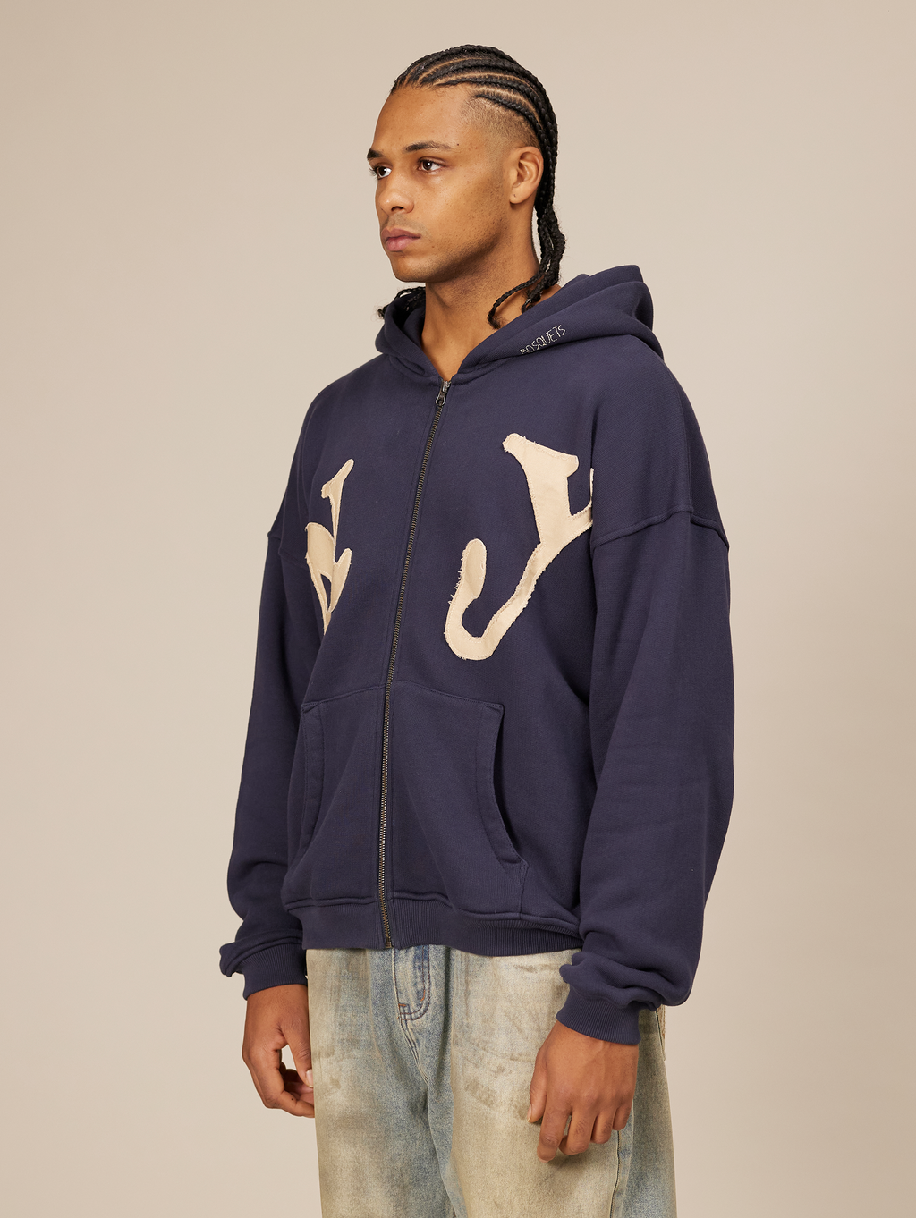 NAVY BLUE ZIP-UP HOODIE WITH NY LETTERING COTTON LOOPBACK SWEATSHIRT