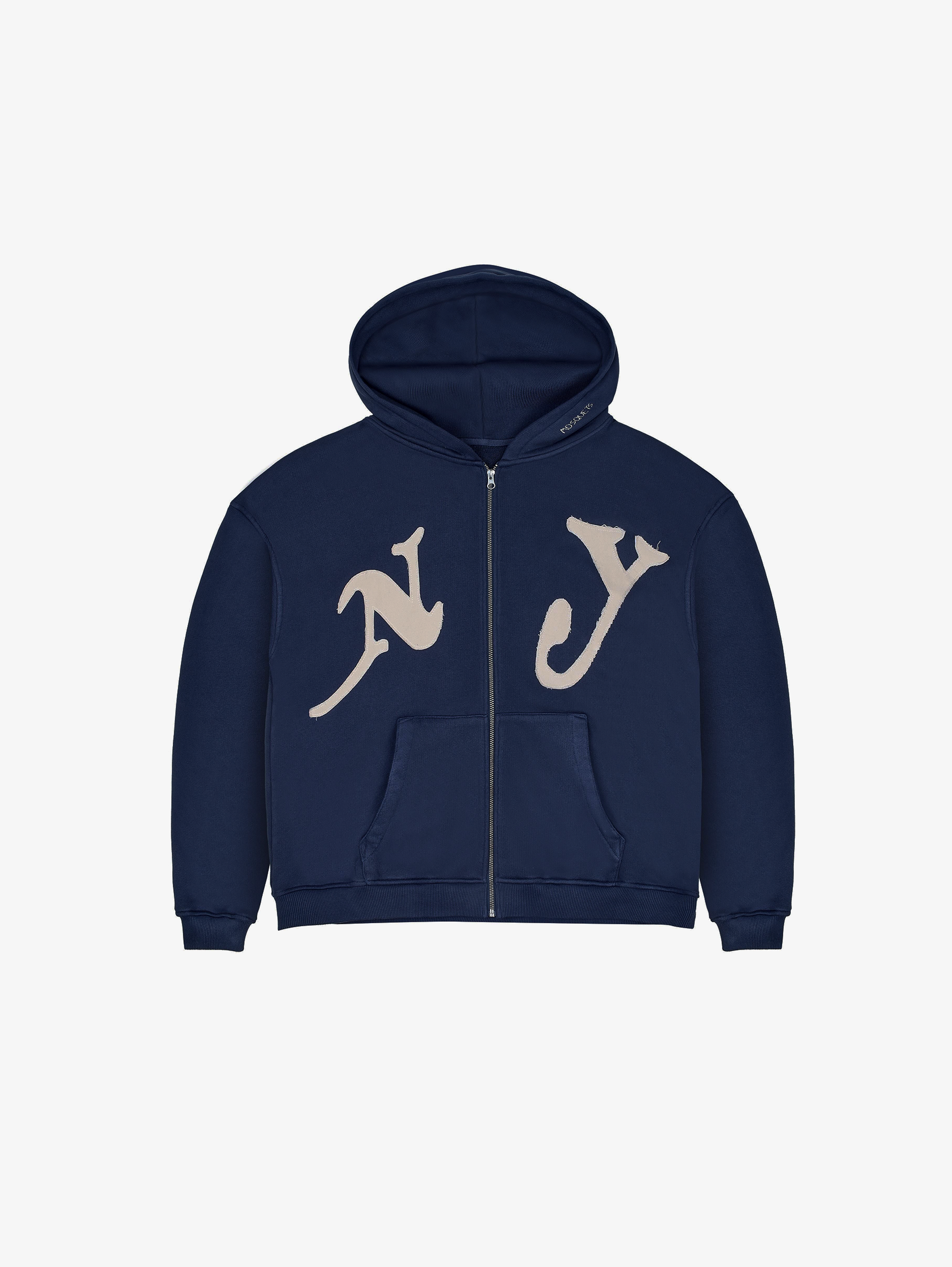NAVY BLUE ZIP-UP HOODIE WITH NY LETTERING COTTON LOOPBACK SWEATSHIRT