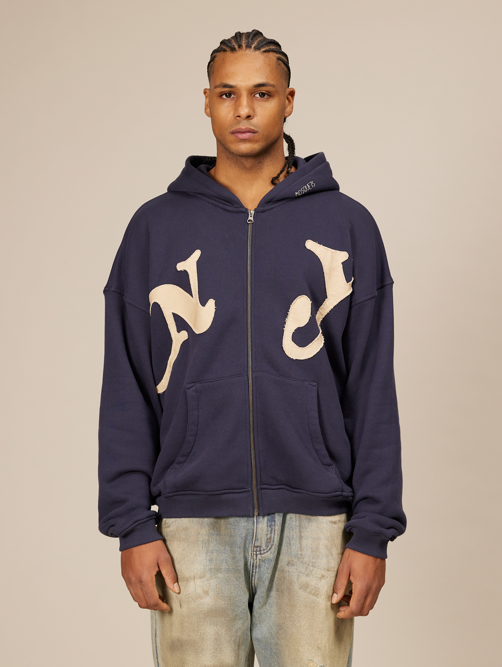 NAVY BLUE ZIP-UP HOODIE WITH NY LETTERING COTTON LOOPBACK SWEATSHIRT