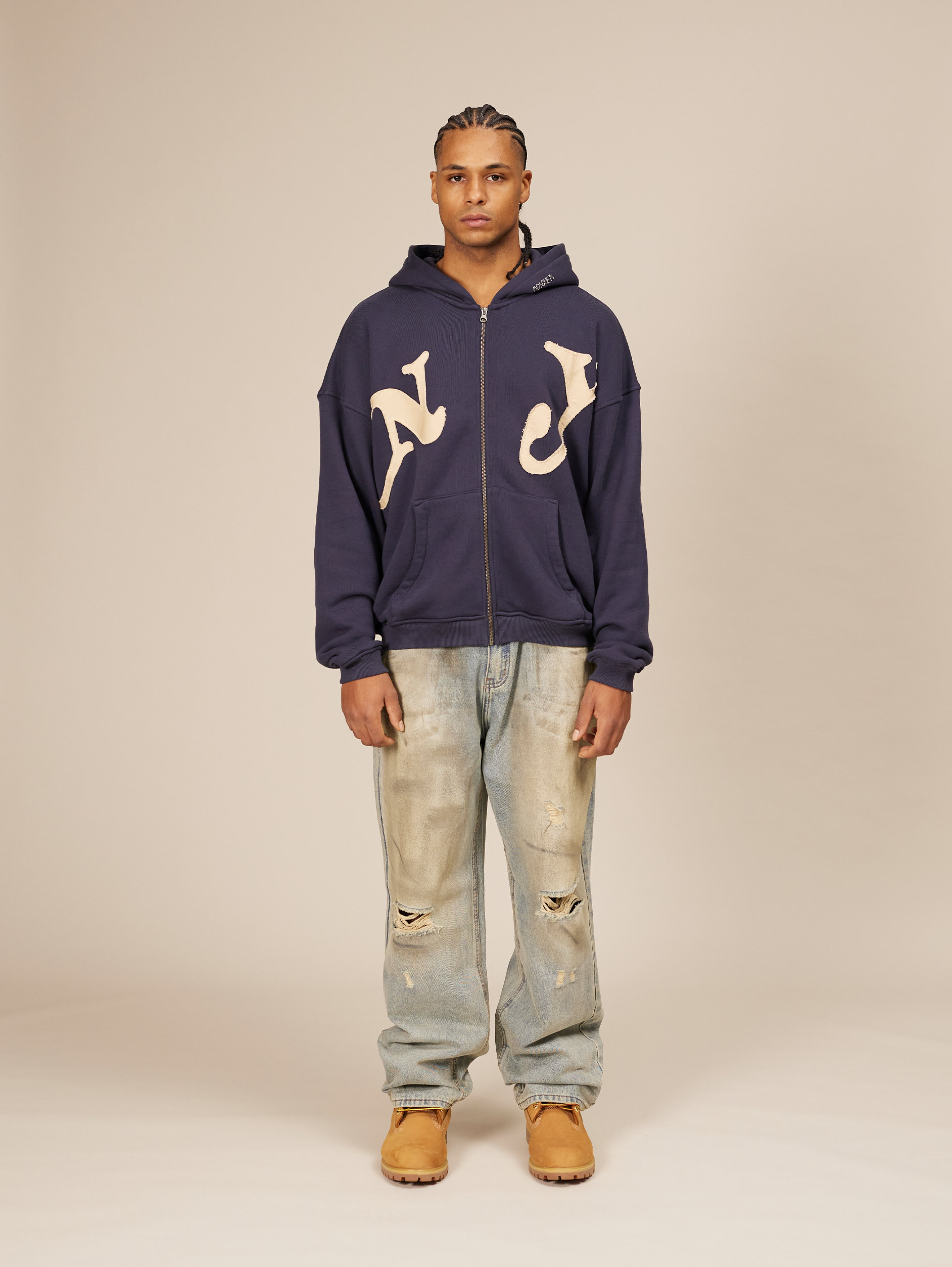 NAVY BLUE ZIP-UP HOODIE WITH NY LETTERING COTTON LOOPBACK SWEATSHIRT