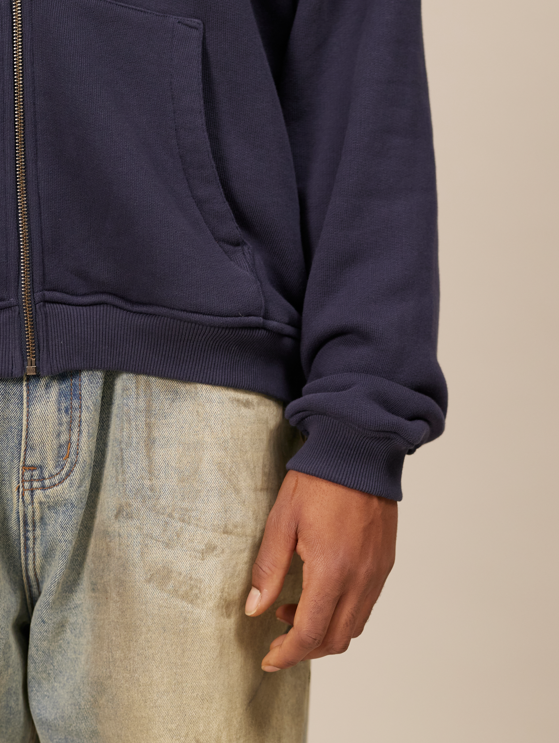 NAVY BLUE ZIP-UP HOODIE WITH NY LETTERING COTTON LOOPBACK SWEATSHIRT