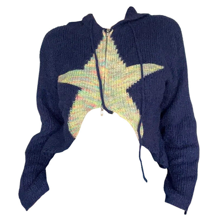 NAVY KNIT CROPPED HOODIE WITH STAR DESIGN FOR WOMEN