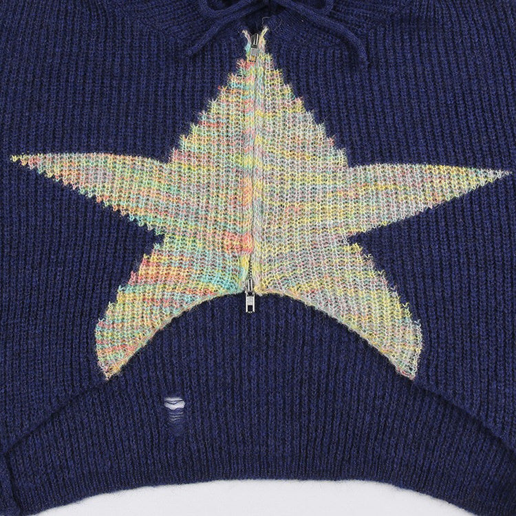 NAVY KNIT CROPPED HOODIE WITH STAR DESIGN FOR WOMEN