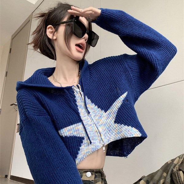 NAVY KNIT CROPPED HOODIE WITH STAR DESIGN FOR WOMEN