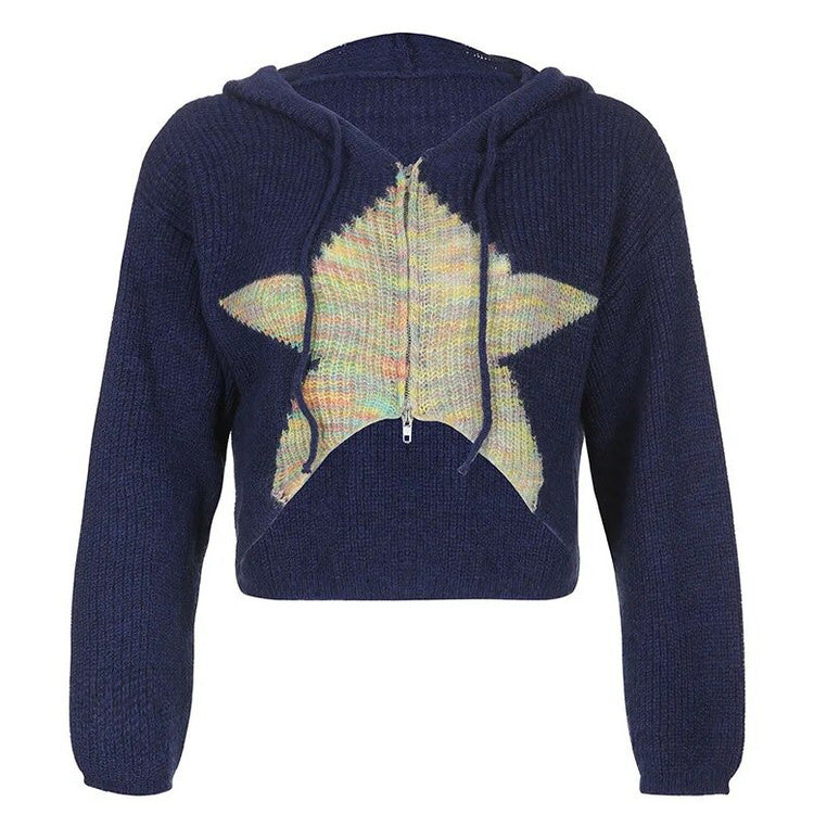 NAVY KNIT CROPPED HOODIE WITH STAR DESIGN FOR WOMEN
