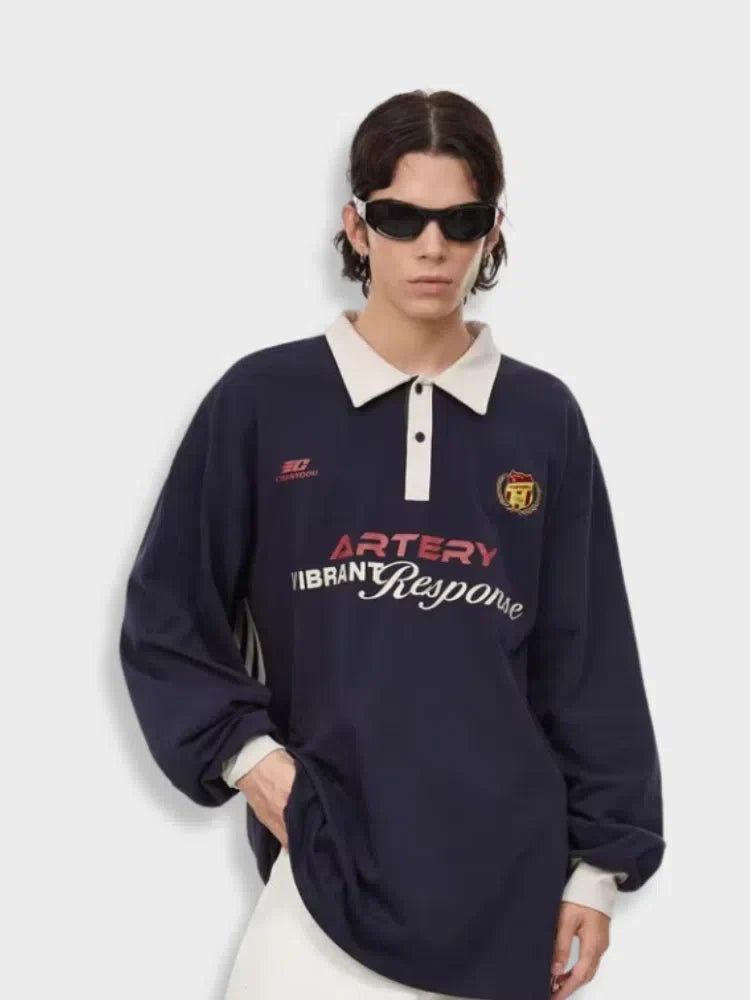 NAVY LONG-SLEEVE SHIRT UNISEX VINTAGE COTTON LONG-SLEEVE SHIRT