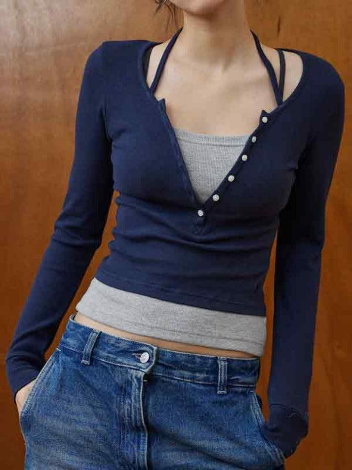 NAVY RIBBED BUTTON-UP SHIRT LONG SLEEVE SLIM FIT CASUAL