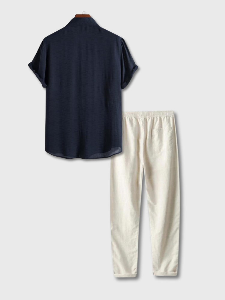 NAVY SHORT-SLEEVED SHIRT AND WHITE PANTS SUMMER ENSEMBLE SIZE CHART