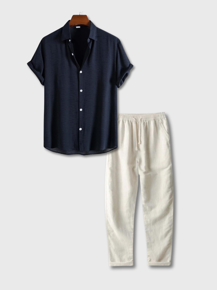 NAVY SHORT-SLEEVED SHIRT AND WHITE PANTS SUMMER ENSEMBLE SIZE CHART