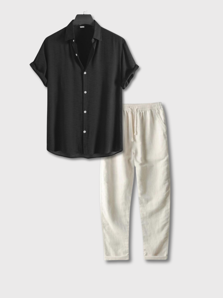 NAVY SHORT-SLEEVED SHIRT AND WHITE PANTS SUMMER ENSEMBLE SIZE CHART
