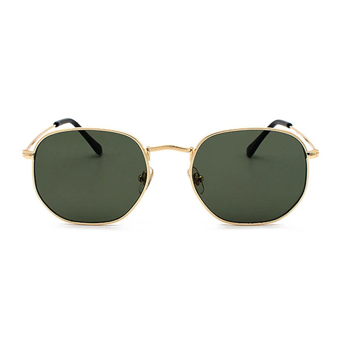 OCTAGONAL SUNGLASSES WITH BLACK LENSES AND GOLD FRAMES