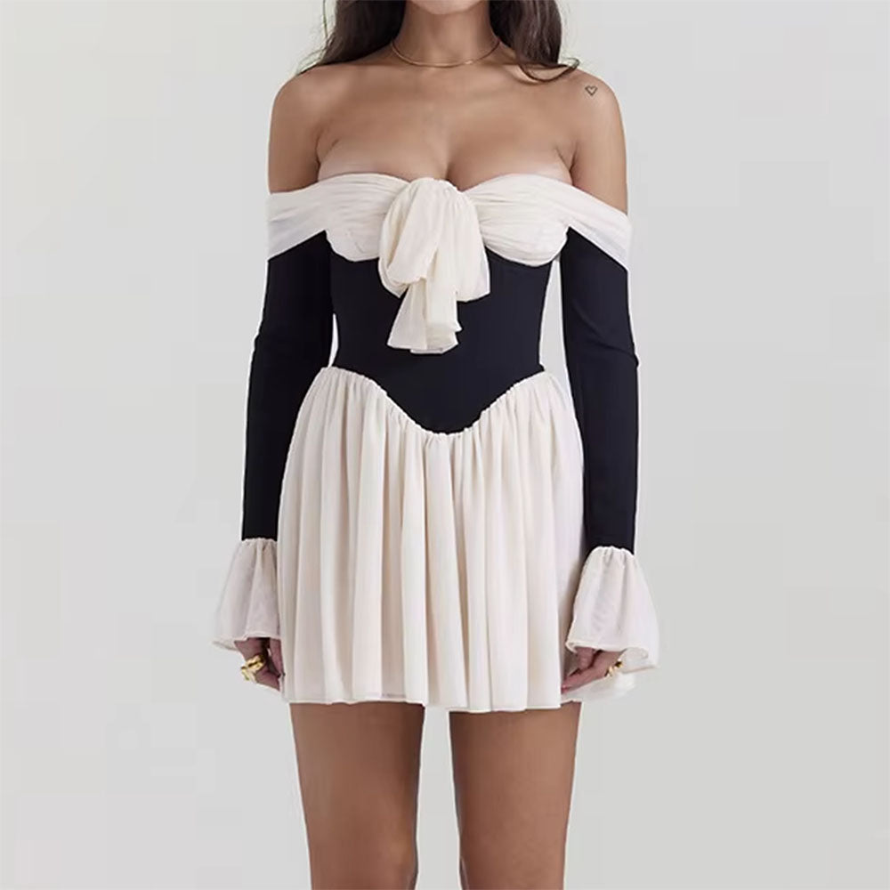 OFF-SHOULDER DRESS DRAMATIC BOW BLACK AND WHITE