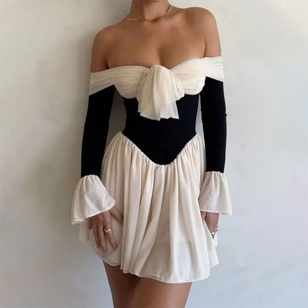 OFF-SHOULDER DRESS DRAMATIC BOW BLACK AND WHITE