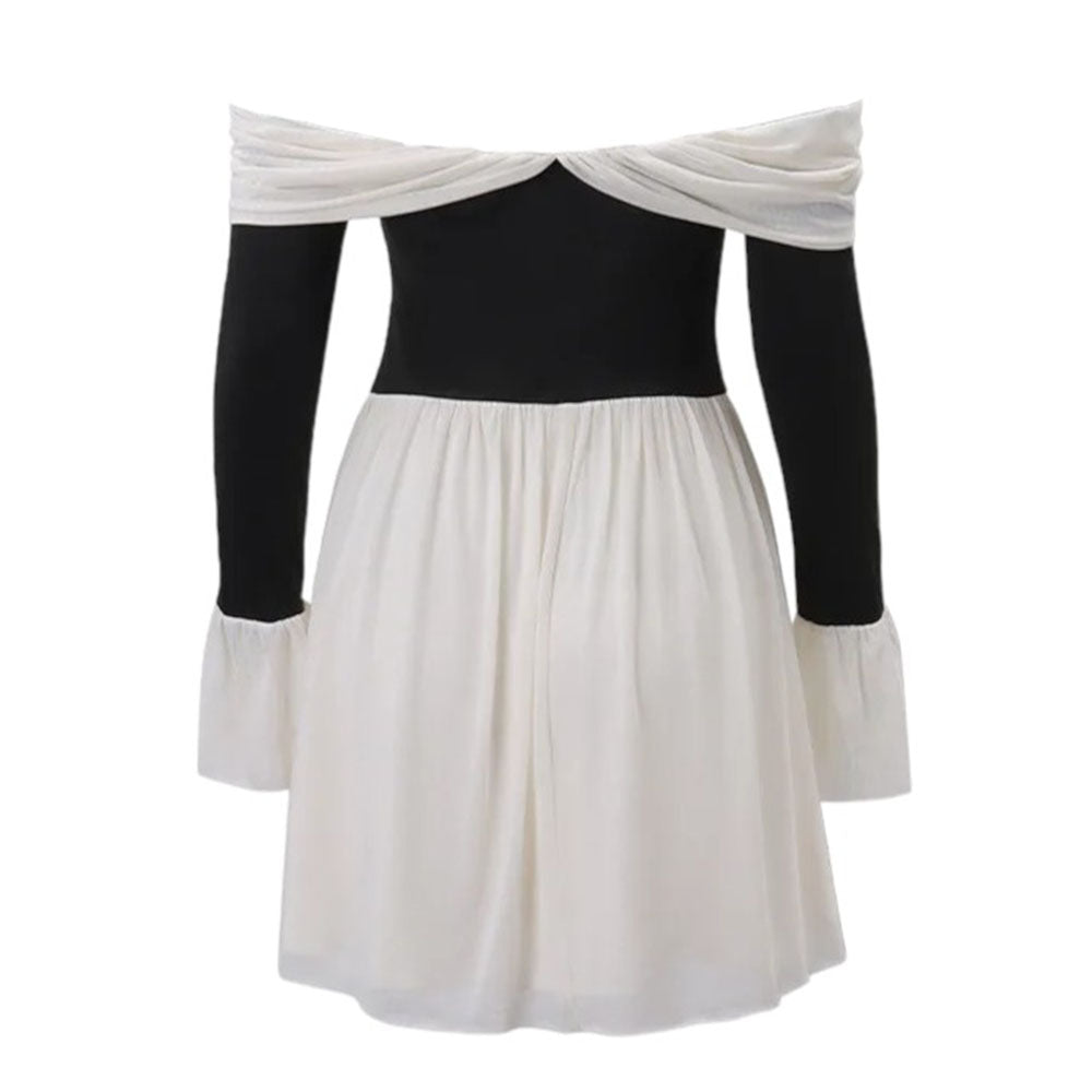 OFF-SHOULDER DRESS DRAMATIC BOW BLACK AND WHITE