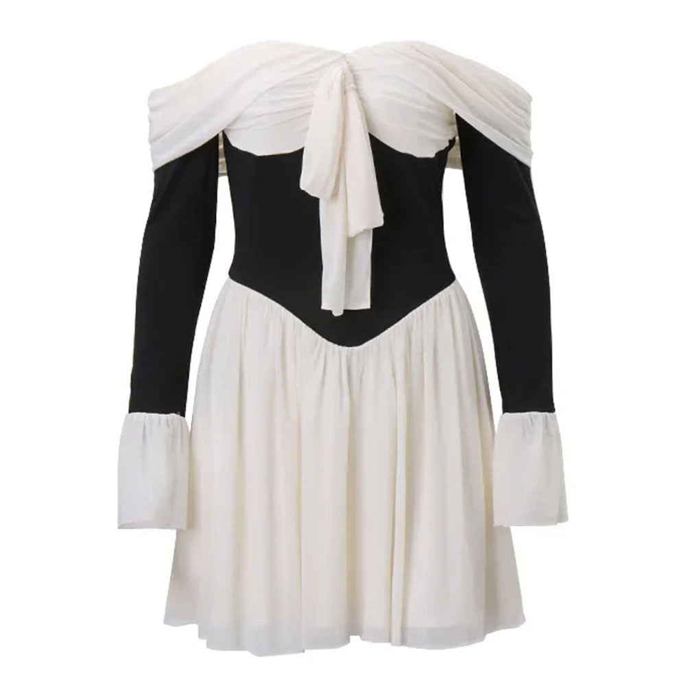 OFF-SHOULDER DRESS DRAMATIC BOW BLACK AND WHITE