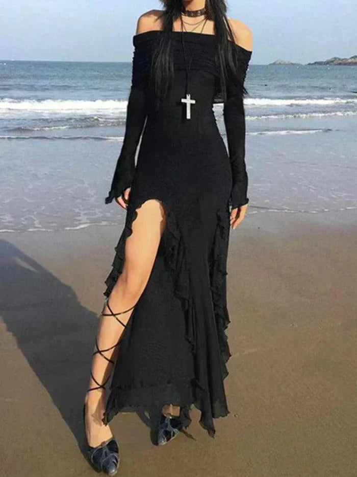 OFF-THE-SHOULDER BLACK MAXI DRESS WITH HIGH SLIT AND SLIM FIT