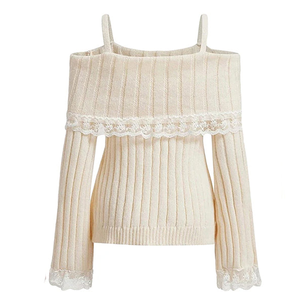OFF-THE-SHOULDER KNIT SWEATER WITH LACE TRIM FOR WOMEN