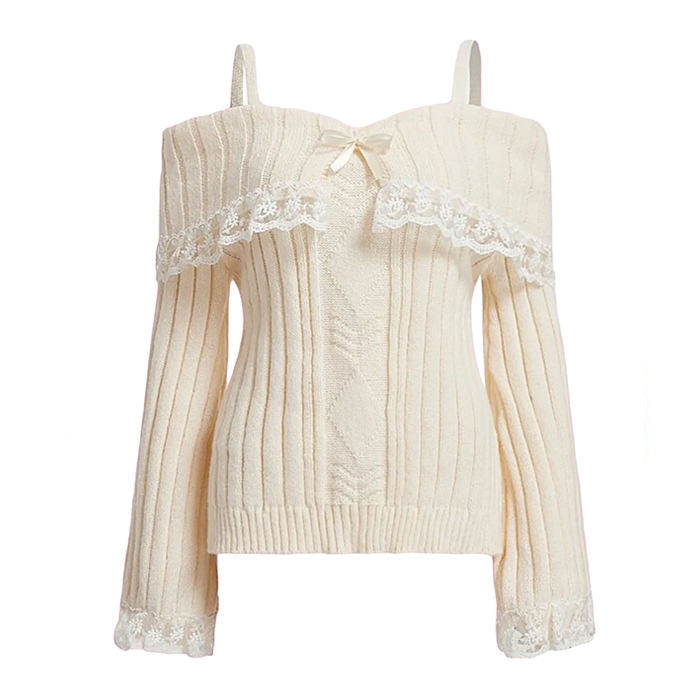 OFF-THE-SHOULDER KNIT SWEATER WITH LACE TRIM FOR WOMEN