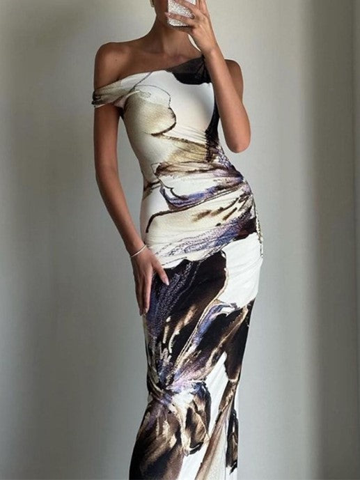 OFF-THE-SHOULDER PATTERNED MAXI DRESS SLIM FIT DESIGN