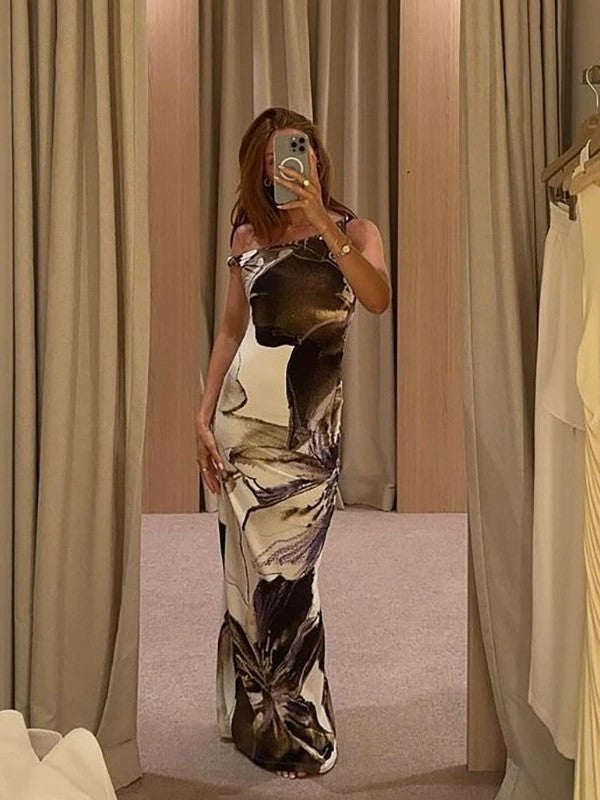 OFF-THE-SHOULDER PATTERNED MAXI DRESS SLIM FIT DESIGN