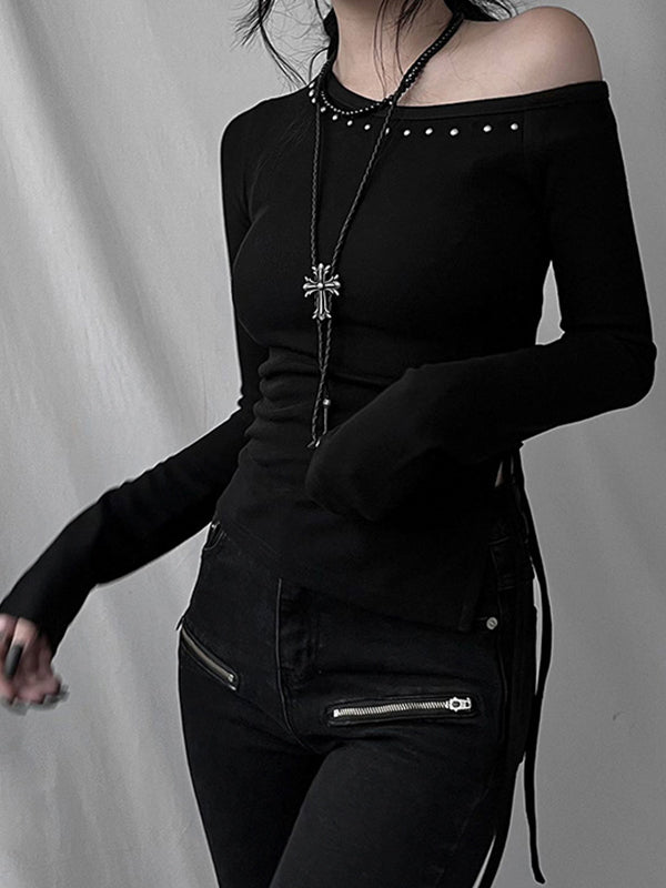 OFF-THE-SHOULDER STUDDED TOP WITH CROSS NECKLACE Y2K-INSPIRED DESIGN
