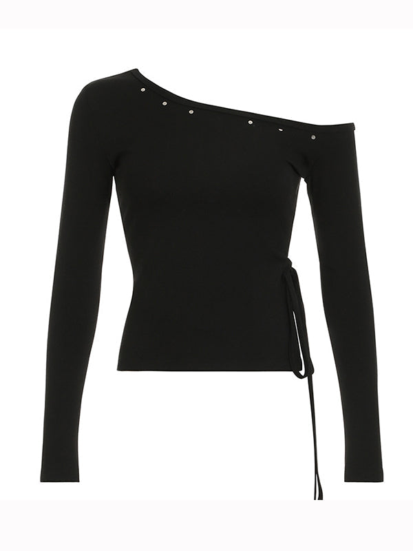 OFF-THE-SHOULDER STUDDED TOP WITH CROSS NECKLACE Y2K-INSPIRED DESIGN