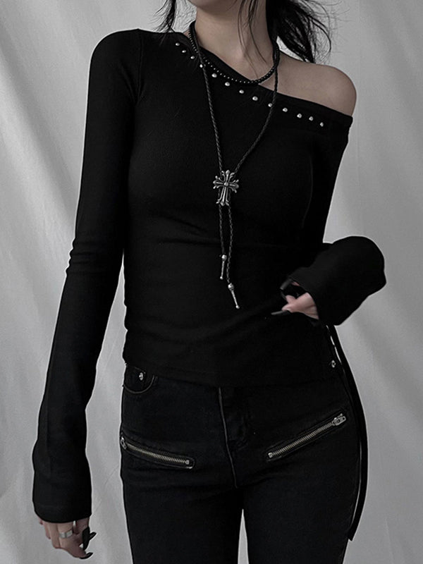 OFF-THE-SHOULDER STUDDED TOP WITH CROSS NECKLACE Y2K-INSPIRED DESIGN