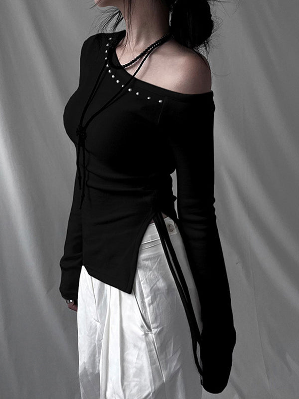 OFF-THE-SHOULDER STUDDED TOP WITH CROSS NECKLACE Y2K-INSPIRED DESIGN