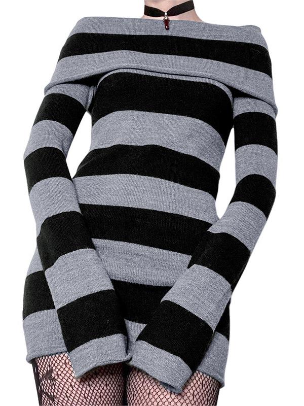 OFF-THE-SHOULDER SWEATER DRESS GRAY AND BLACK STRIPED KNITTED MINI DRESS