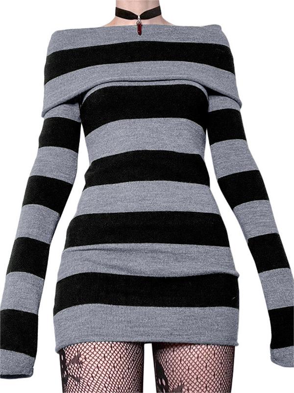 OFF-THE-SHOULDER SWEATER DRESS GRAY AND BLACK STRIPED KNITTED MINI DRESS