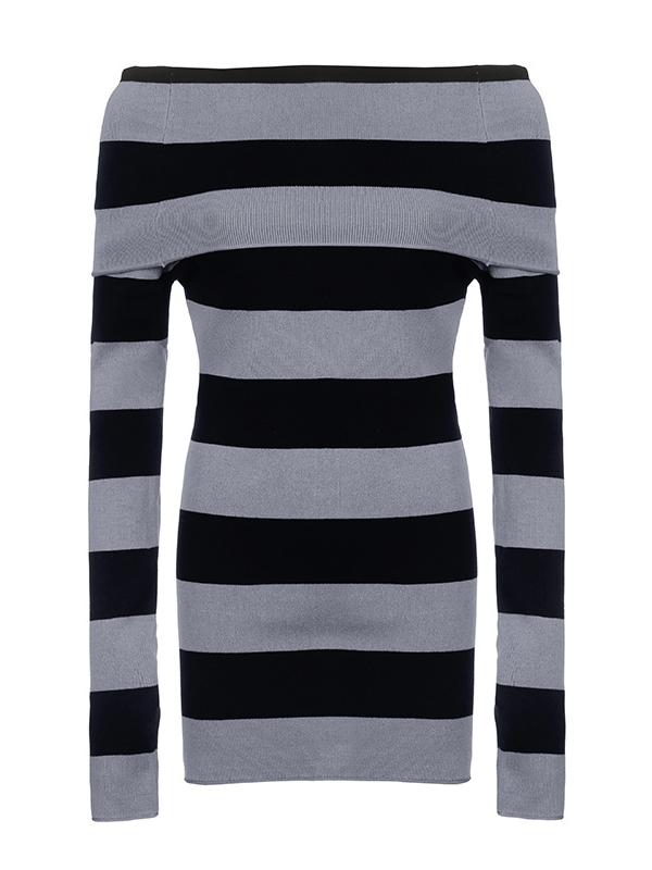 OFF-THE-SHOULDER SWEATER DRESS GRAY AND BLACK STRIPED KNITTED MINI DRESS