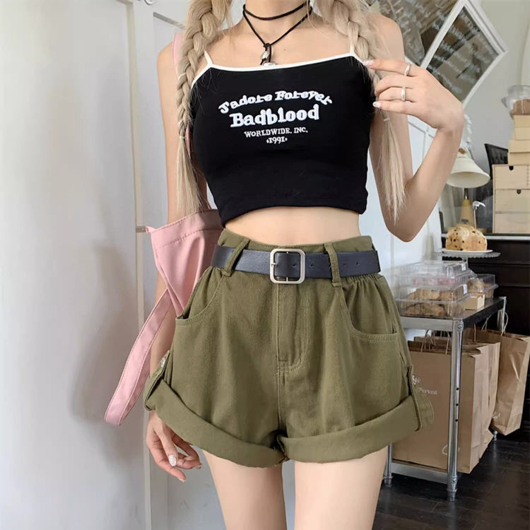 OLIVE GREEN BELTED SHORTS FOR WOMEN SUMMER CASUAL APPAREL