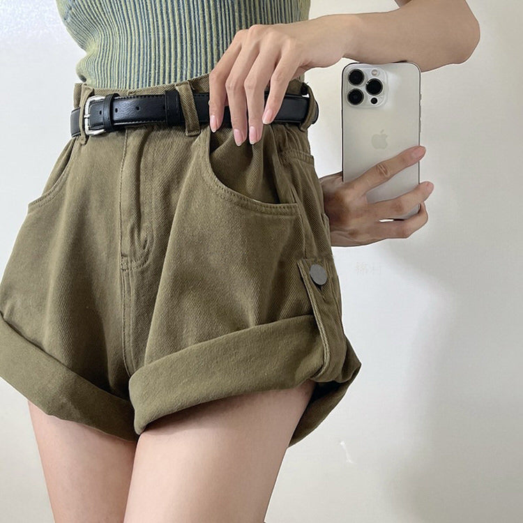 OLIVE GREEN BELTED SHORTS FOR WOMEN SUMMER CASUAL APPAREL