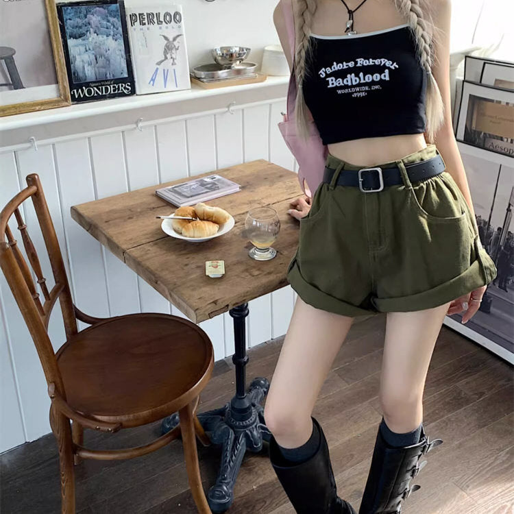 OLIVE GREEN BELTED SHORTS FOR WOMEN SUMMER CASUAL APPAREL