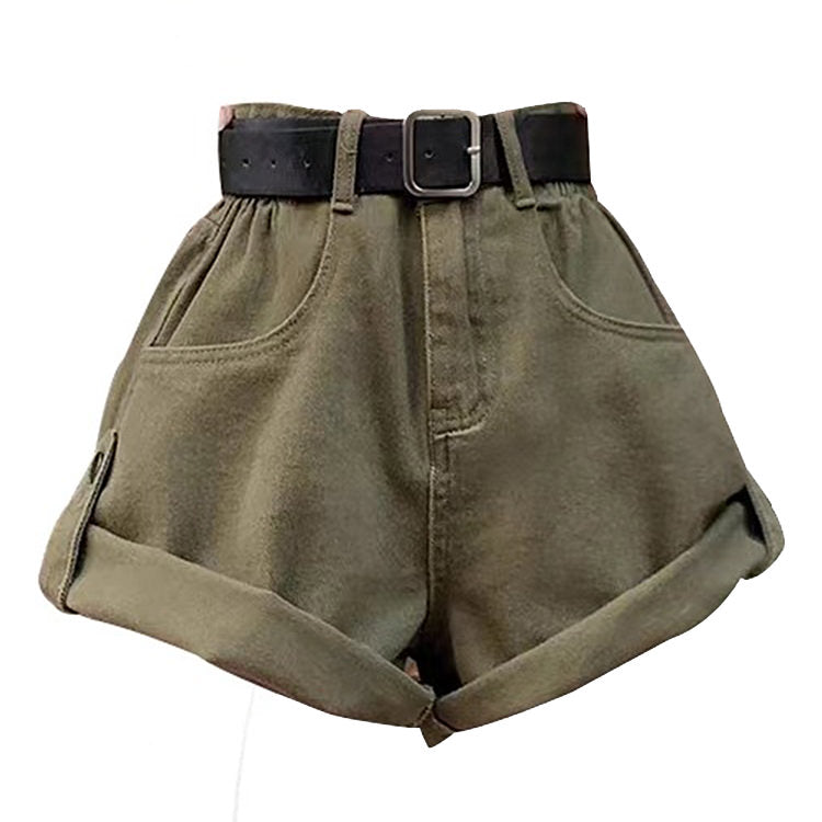 OLIVE GREEN BELTED SHORTS FOR WOMEN SUMMER CASUAL APPAREL