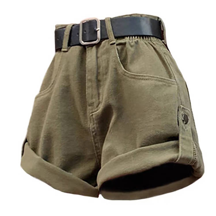 OLIVE GREEN BELTED SHORTS FOR WOMEN SUMMER CASUAL APPAREL